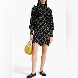 GANNI Ruffled floral-print crepe turtleneck mini dress